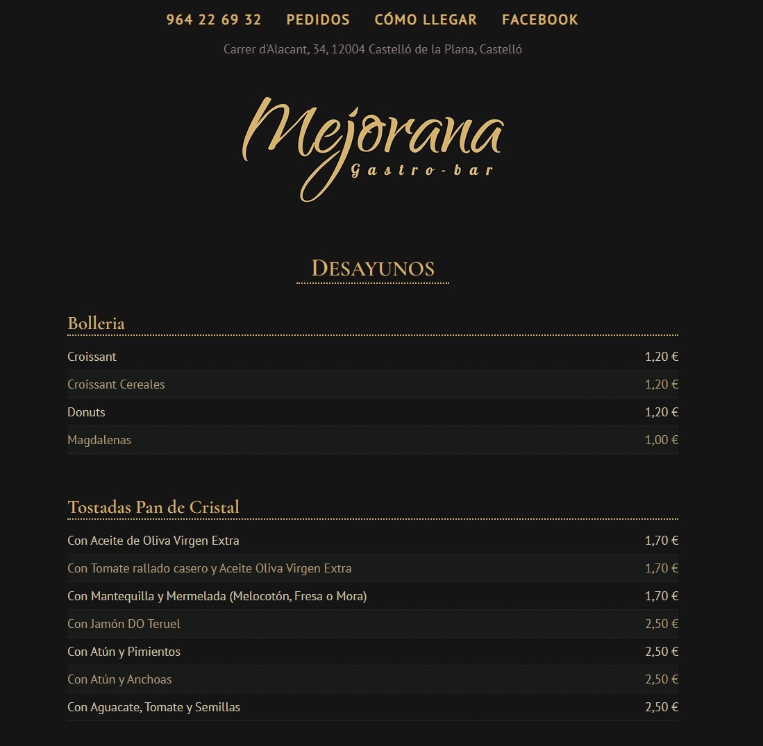 Carta web para restaurante  Mejorana en Castellón